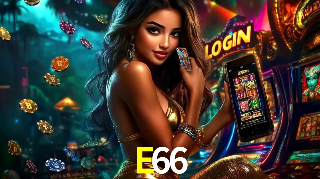 Mulher em um cenário de cassino temático de aventura, mostrando o app de caça-níqueis da E66 no celular. Fichas de apostas flutuam ao redor.