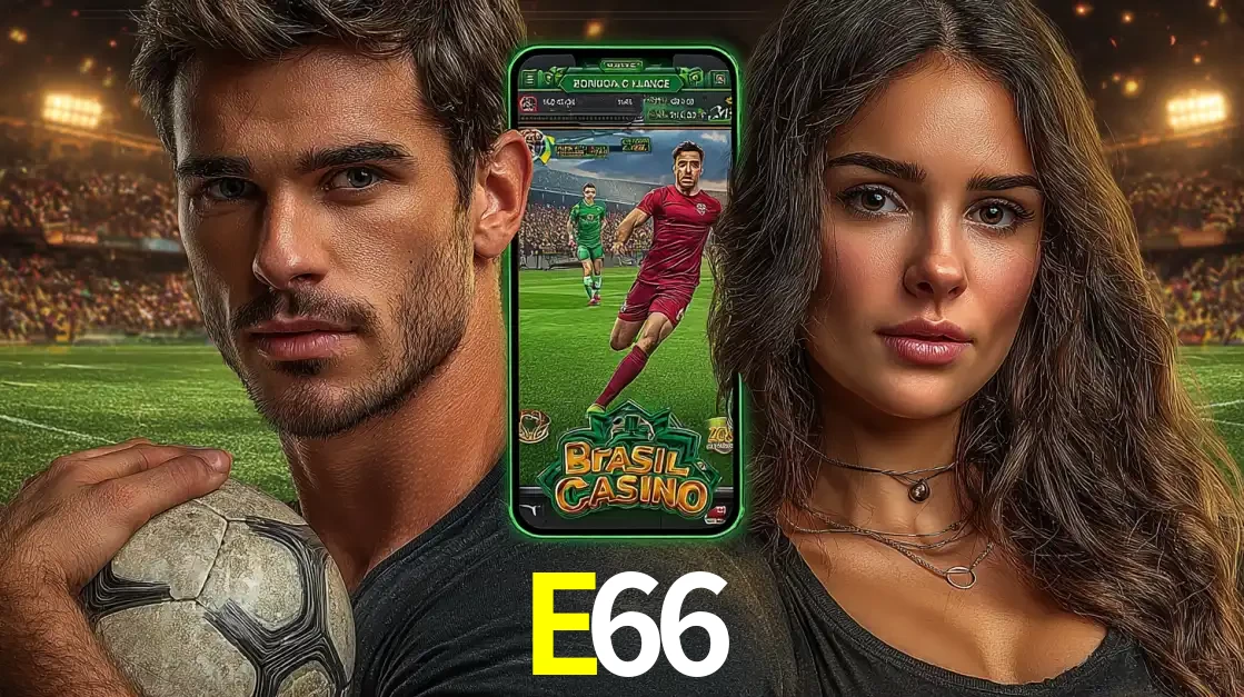 Homem segurando uma bola de futebol e uma mulher ao lado de um smartphone exibindo o jogo de apostas esportivas da E66. Faça seu palpite no cassino online.